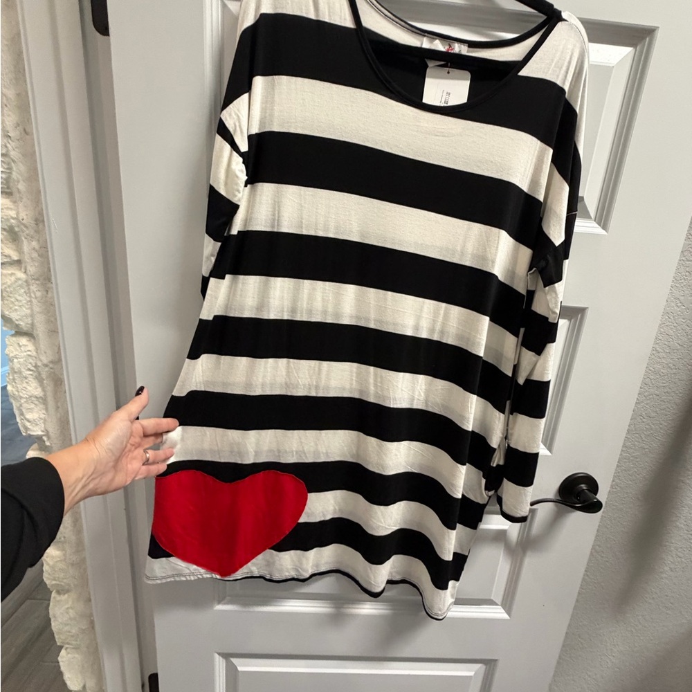 Black and White Striped Dress with Red Heart Accent